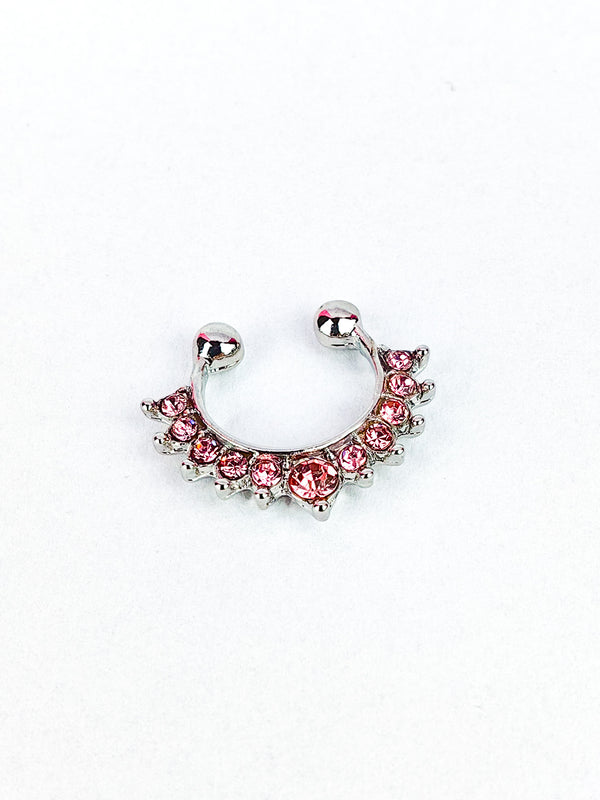 Fake Septum Piercing Kolczyk do Nosa #2 Różowe Cyrkonie Srebrny