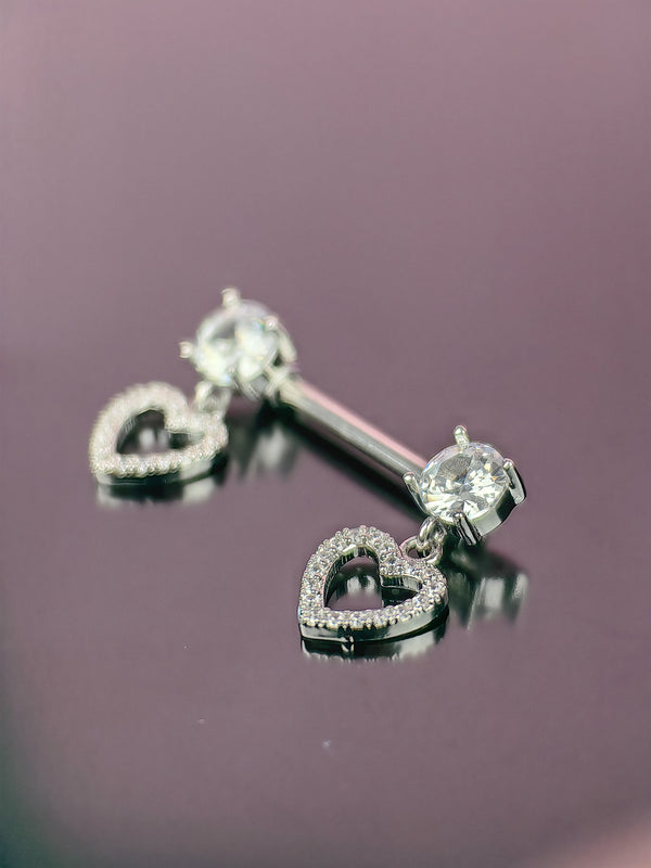 Piercing Nipple Ring with Heart-Shaped Pendants with Cubic Zirconia Silver