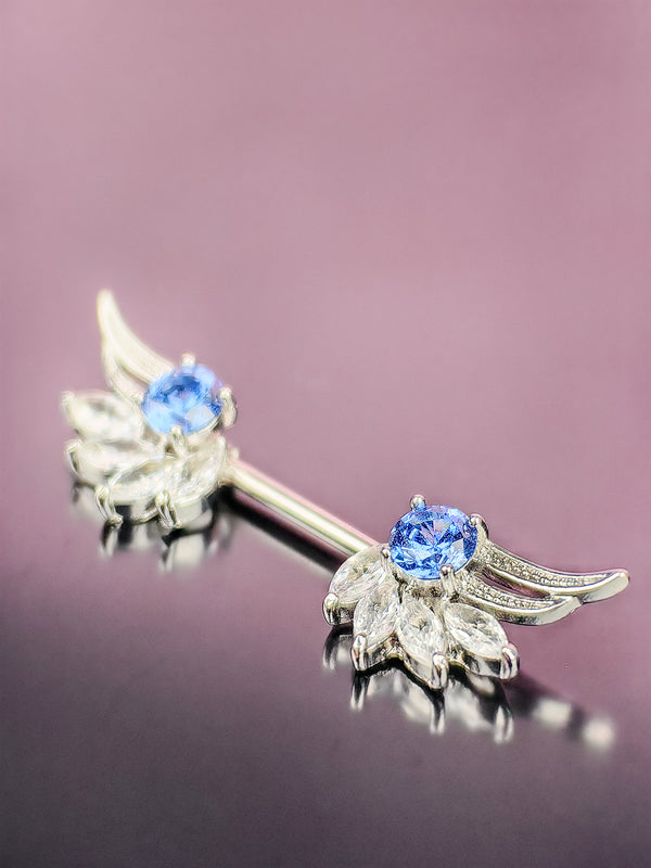 Piercing Nipple ring with wings covered with zircons, silver
