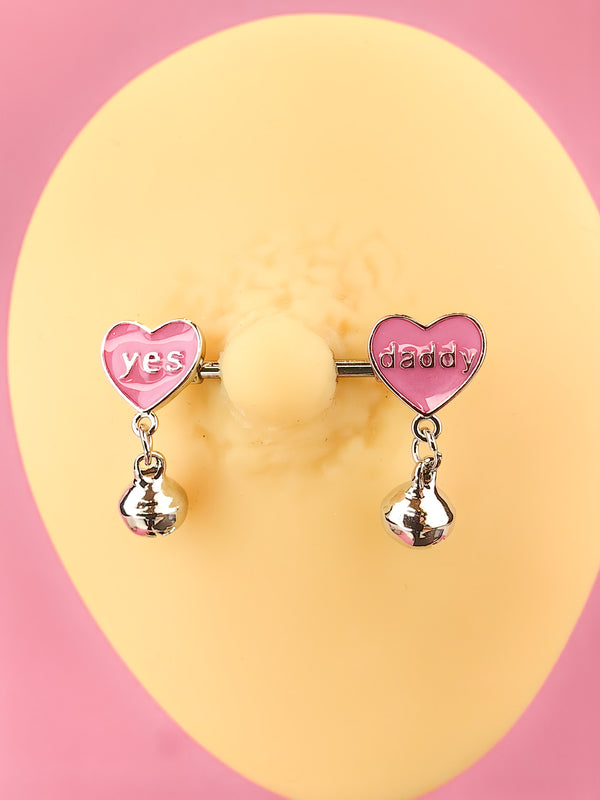 Piercing Nipple ring with hearts with the inscription YES DADDY with bells on chains