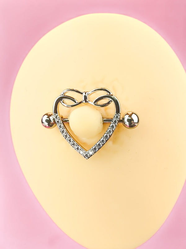 Piercing Nipple earring Heart with a bow covered with zircons