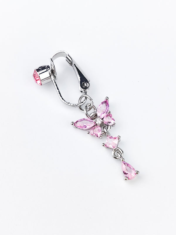 Fake Piercing Kolczyk do Pępka BUTTERFLY LONG Różowe Cyrkonie Srebrny