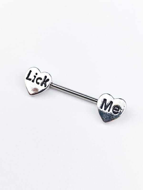 Piercing Nipple Ring with Hearts and Inscription LICK ME Silver
