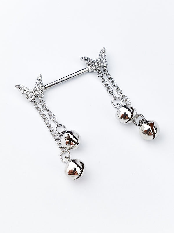Piercing Nipple Ring with Butterflies and Bells on Chains Silver