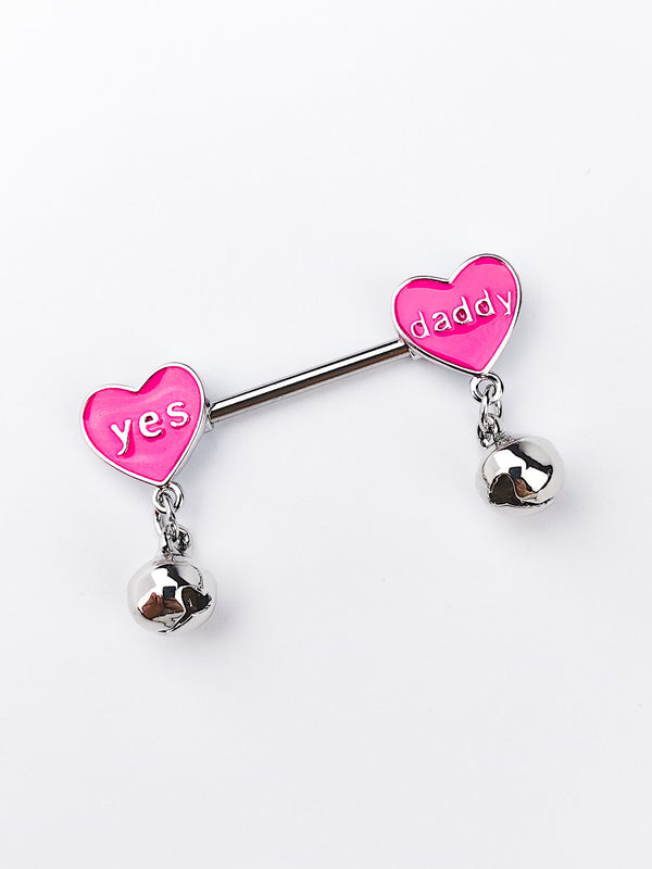 Piercing Nipple Ring with Hearts with Inscription YES DADDY with Bells Silver