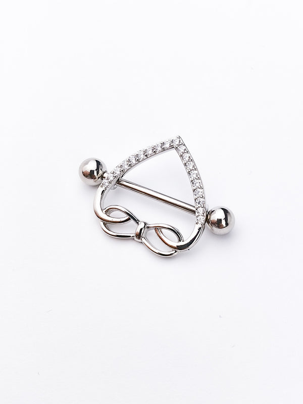 Piercing Nipple Ring Heart with Bow Covered with Zircons Silver