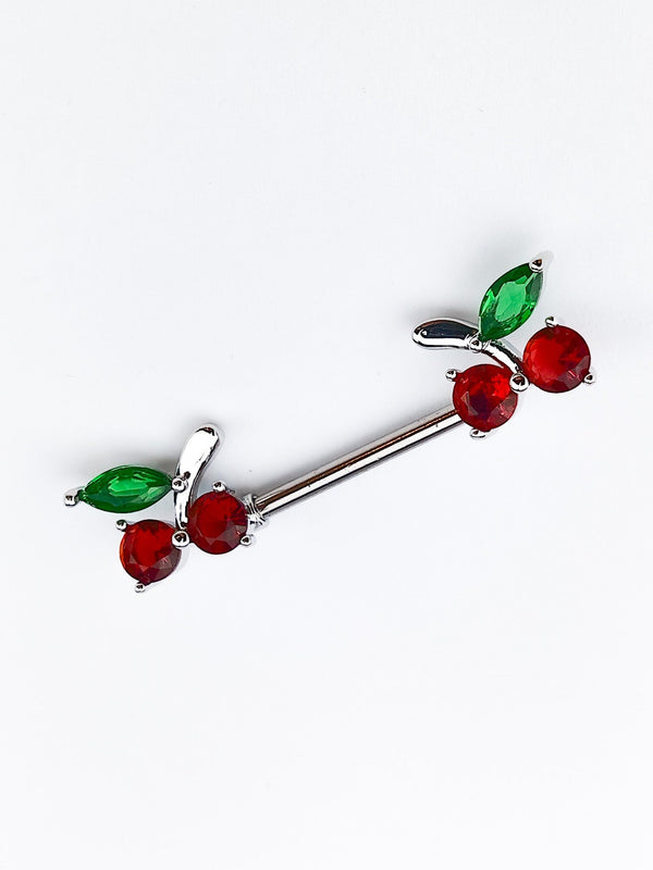 Piercing Nipple Ring with Cherries and Cubic Zirconia Silver